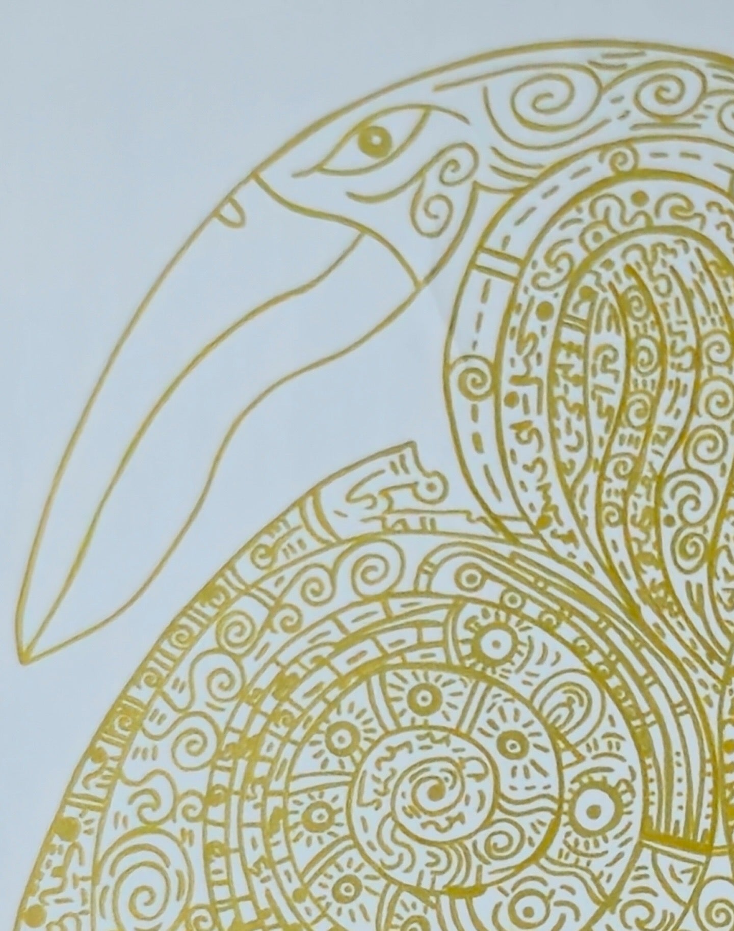 Decorative large Raven Head drawn with golden pen