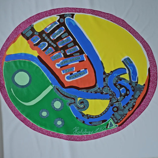 Unstretched Fire Heart art piece unrolled by artist