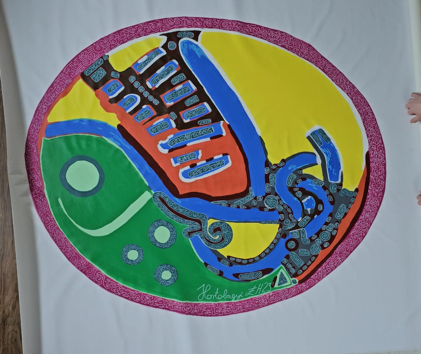 Unstretched Fire Heart art piece unrolled by artist