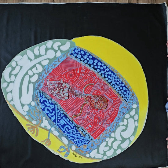 Unstretched Thunder Fish art piece unrolled by artist 