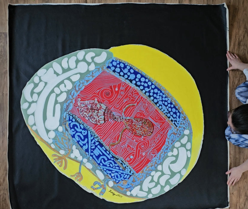 Unstretched Thunder Fish art piece unrolled by artist 